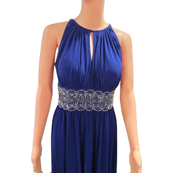 Royal Blue Sleeveless Evening Gown with Embellished Waist and Keyhole Neckline - Picture 6 of 11